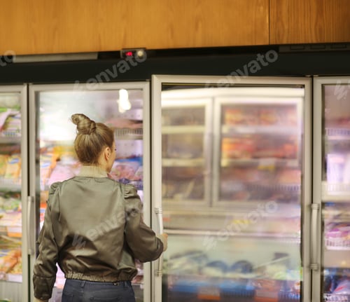Preview: Woman Choosing Frozen Food From A Supermarket Freezer