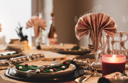 Preview: Winter holidays background with Festive dining table with Christmas setting in living room