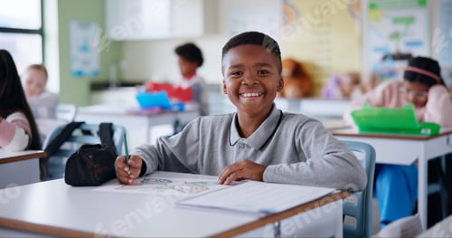 Preview: Students, portrait and boy with education, drawing and knowledge with book, creativity and pencil.