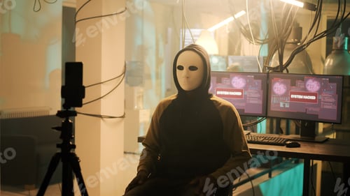 Preview: Male spy with anonoymous mask filming live threat video