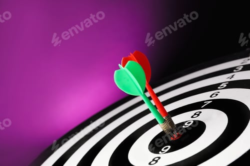 Preview: Arrows hitting target on dart board against purple background. Space for text