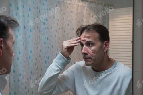 Vista previa: A man looks in the mirror noticing the wrinkles