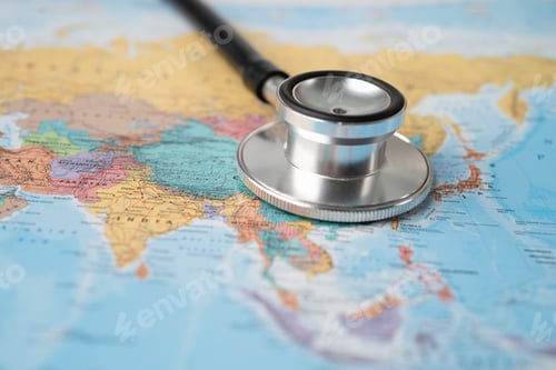 Preview: Bangkok, Thailand - March 1, 2021, Stethoscope on Asia world map.
