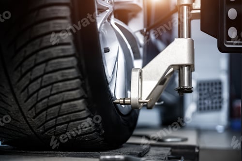 Preview: CLose-up car wheel indoors service maintenance repair center against laser sensor equipment