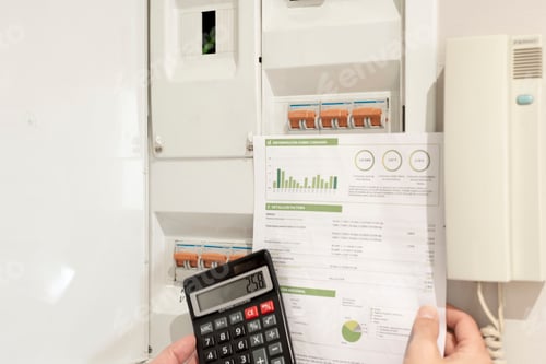 Preview: a hand holding an electricity bill and calculator in front of power control switch