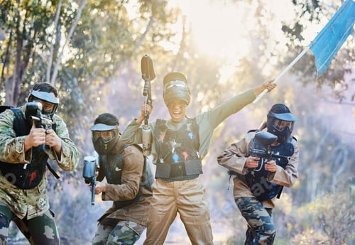 Preview: Teamwork, paintball and capture the flag in celebration for winning, victory or achievement standin