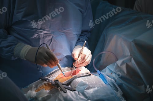 Preview: Closeup of doctors hands operating a patient conducting open cut surgery in surgical room