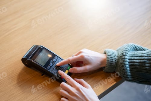Preview: Person Using Credit Card and enter the password on bank wireless terminal Reader