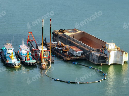 Preview: Heavy maritime engineering vessel conducting offshore dredging work with crane equipment and support