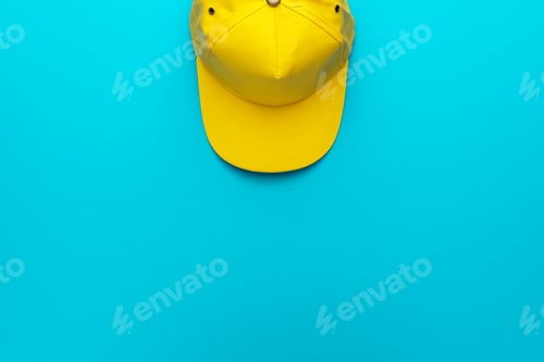 Preview: Top View Of Yellow Baseball Cap Over Blue Torquoise Background With Copy Space