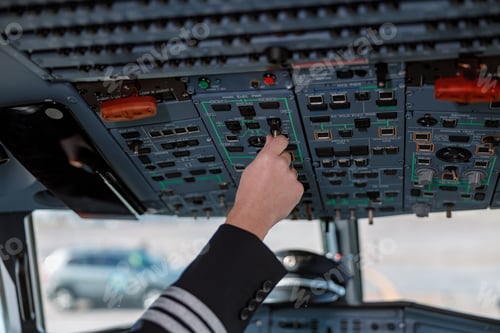 Preview: Aircraft pilot operating overhead panel of airplane flight deck