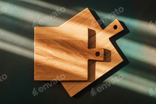 Preview: Wooden cutting boards arranged on a surface with sunlight casting shadows