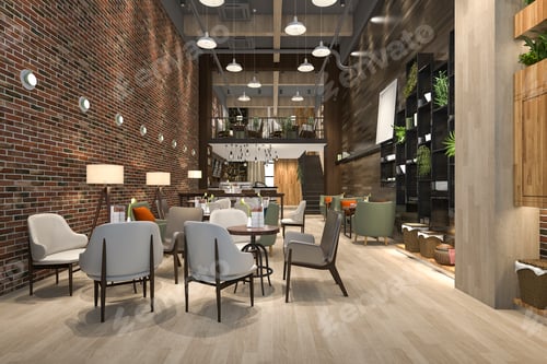 Preview: 3d rendering loft and luxury hotel reception and cafe lounge restaurant