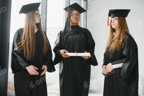 Preview: portrait of multiracial graduates holding diploma