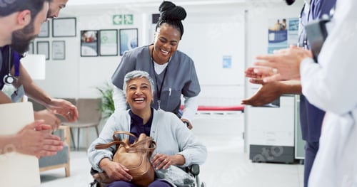 Preview: Applause, doctor or patient in wheelchair for recovery, healing or surgery success in hospital. Exc