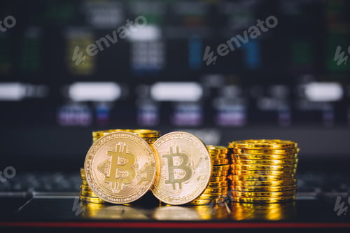 Preview: cryptocurrency coins pile with stock index graph chart digital background