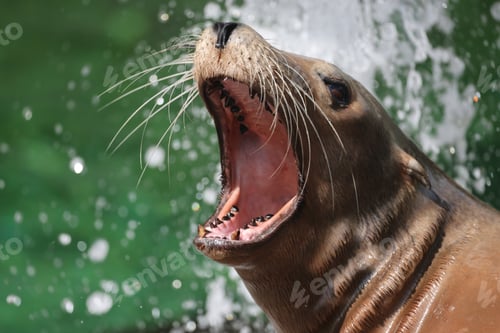 Preview: The California sea lion (Zalophus californianus), blurred green water background.
