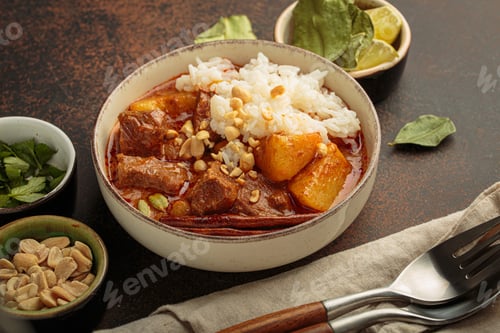 Preview: Bowl of massaman curry with beef, potatoes, rice, and peanuts, garnished with cinnamon, traditional