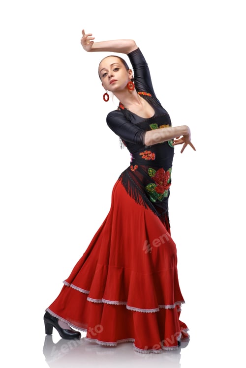 Preview: young woman dancing flamenco with castanets isolated on white