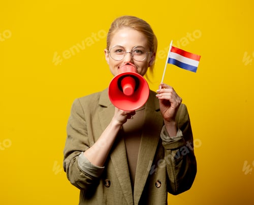 Preview: Style blonde woman in jacket with Dutch flag and megaphone on yellow background