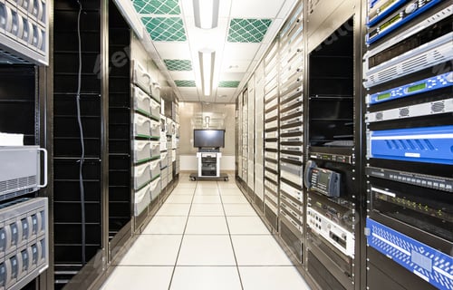 Preview: Storage racks aligned in a computer server room.