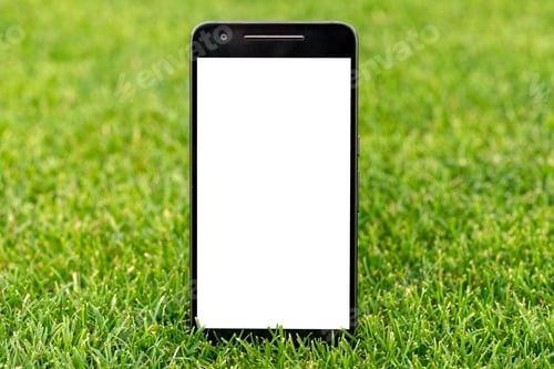 Preview: Mobile smart phone mockup with white screen on green grass background. Highly detailed illustration.