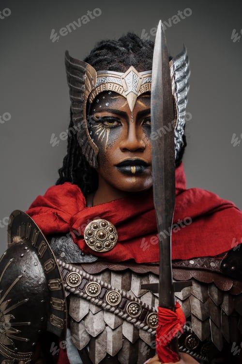 Preview: Fantasy woman warrior with sword against gray background