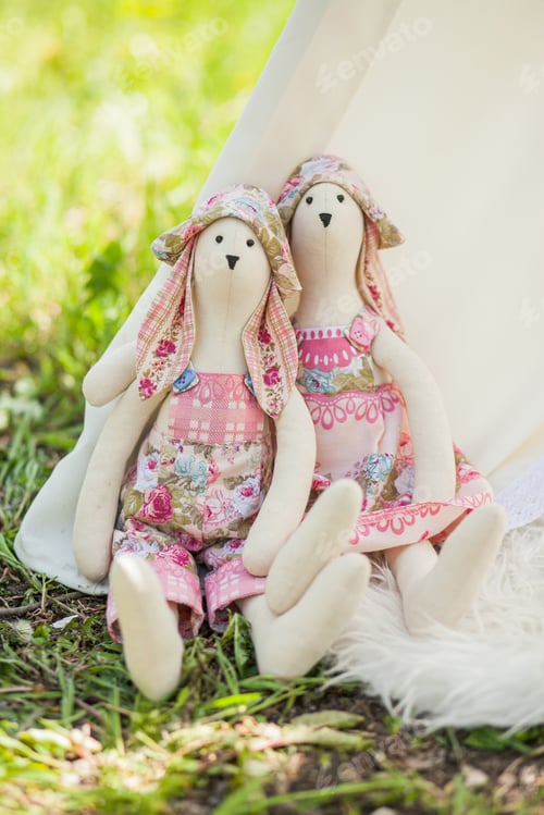 Preview: Two toys rabbits a boy and a girl hand made in the style of Tilda