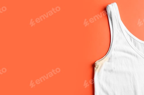 Preview: Undershirt with deodorant stain on coral background, top view. Space for text