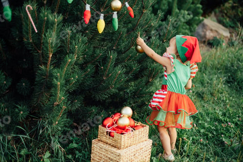 Preview: Christmas in july. Child waiting for Christmas in wood in july.