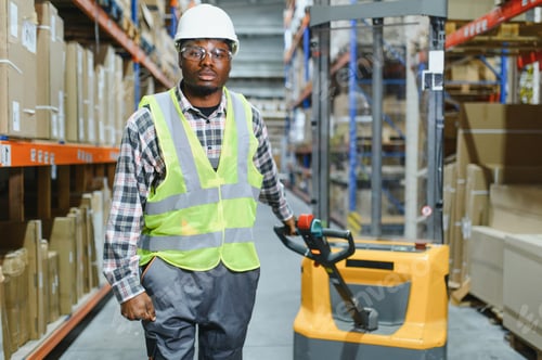 Preview: African american Man Driving Fork Lift Truck In Warehouse