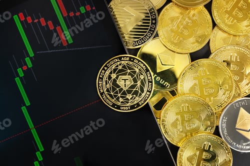 Preview: Tether USDT coin on financial charts on a tablet sceen for crypto currency prices