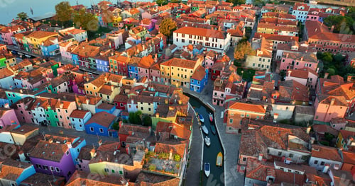Preview: Aerial sunrise view of the colorful houses on Burano Island, Venice, Italy