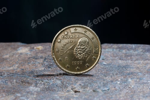Preview: Fifty euro cents, Spain 1999. Metal coin value, sample of economic and purchasing power
