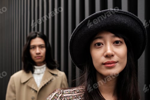 Preview: Fashionable asian couple posing in front of modern building