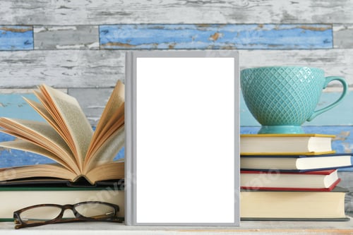 Preview: Summer book cover mock up, plain book against stacks of books with mug and glasses