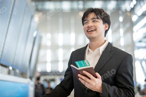 Preview: Asian businessman passenger checking departure boarding pass in airport.