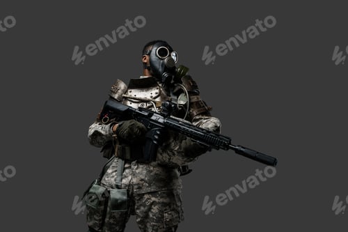 Preview: Armed soldier of african descent with gas mask and rifle