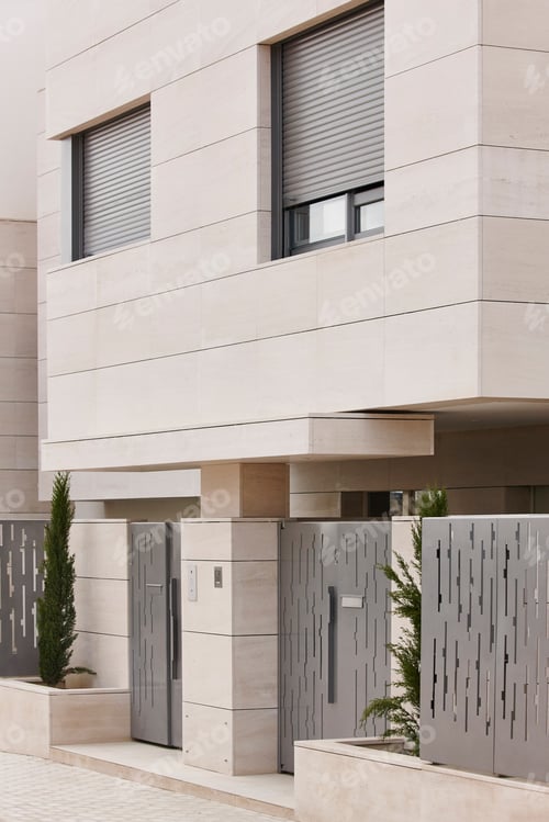 Preview: Modern residential building entrance. Estate property. Marble stone. Construction. Vertical