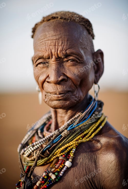 Preview: Elderly woman adorned with traditional beads gazing into the distance.