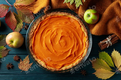 Preview: Concept of tasty food with pumpkin pie on wooden background