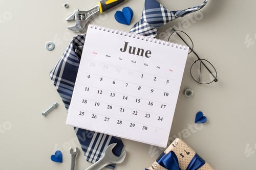 Preview: Unique Father's Day gifts showcase top view of June calendar, practical tools, adjustable wrench