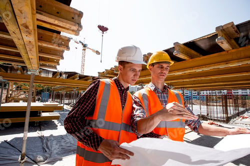 Preview: Two men dressed in shirts, orange work vests and helmets explore construction documentation on the