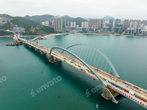 Preview: Tseung Kwan O, Hong Kong 09 February 2022: Top view of the bridge cross the harbor
