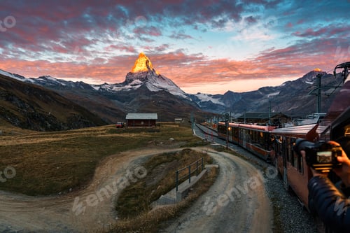 Preview: View of sunrise on Matterhorn mountain during the train ride up to Gornergrat