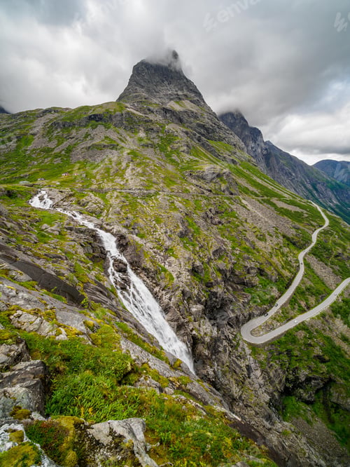 Preview: Norwegian mountain road known as Trollstigen. Views of Stigfossen waterfall, Norway