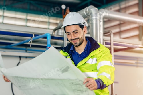 Preview: engineer worker with floor plan blueprint paper of machine service instruction working in factory