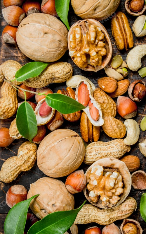 Preview: Nuts background. Different Range of natural nuts .