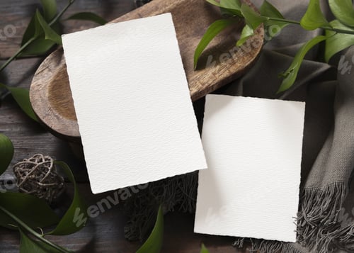 Preview: Vertical card mockup on brown wooden tray near green leaves and grey linen cloth top view