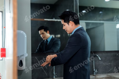 Preview: Asian businessman washing hands in office bathroom for hygiene